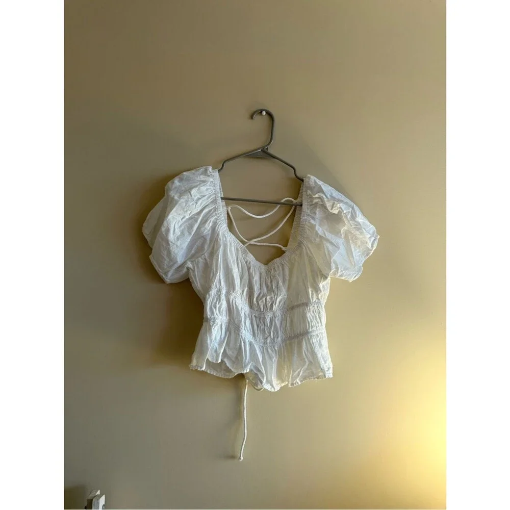Free People Phoebe Smocked White Lace-Up Square Neck Peplum Top